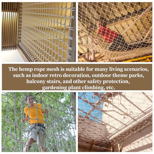 Jute Hemp Rope Net(4ftx12ft), Heavy Duty Natural Climbing Safety Rope Netting Balcony Stairs Fence Garden Playground Protection Net Indoor & Outdoor Decor Rope Net - size: 4ftx12ft