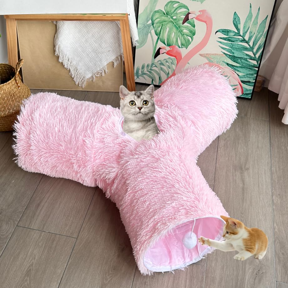 3-Way Collapsible Cat Tunnel Tube Toy Pink Plush - color: Pink Plush