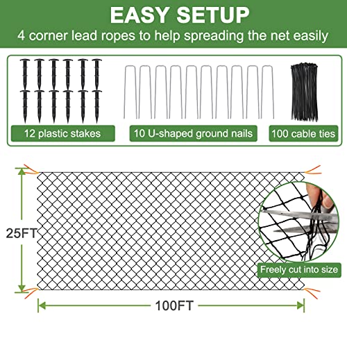DQS Bird Netting for Garden 25x100ft, 2.4" Square Mesh Heavy Duty Nylon Net - size: 2.4", 25' x100'