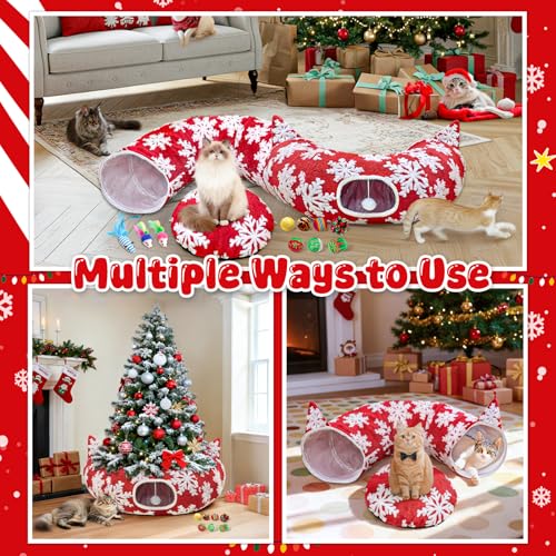 Red Christmas Tree Cat Tunnel Bed, Large Cat Tunnel Tree Skirt with Toys - color: Snowflake