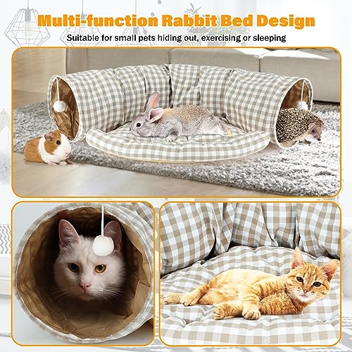 BWOGUE Bunny Tunnel Bed, 2-in-1 Collapsible Rabbit Tunnel Hideout with Mat - color: YellowPlaid