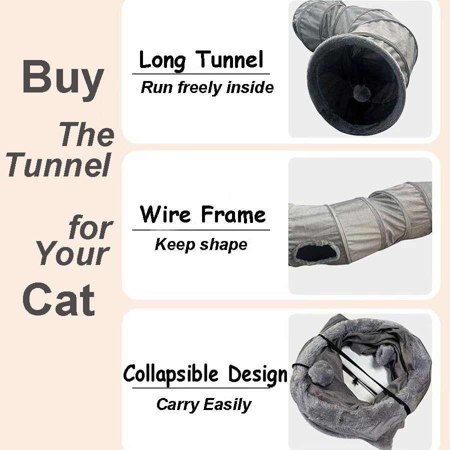 2-Way Collapsible Cat Tunnel Tube Toy Pack Set - color: Grey fleece