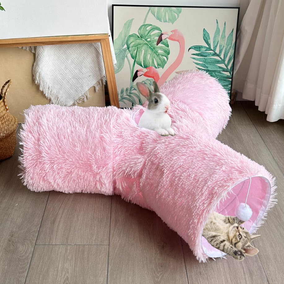 3-Way Collapsible Cat Tunnel Tube Toy Pink Plush - color: Pink Plush