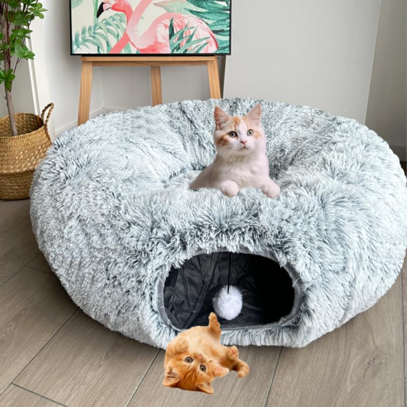 Cat Bed Tunnel Tube Toy Grey Plush - color: Grey Plush O