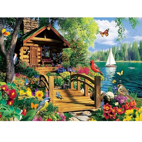 300 Piece Puzzles for Adults,Lake Cabin Jigsaw Puzzle for Adults Kids Elderly,Large Piece Countryside Puzzle for Kids Age 8-10 10-12,Challenging Landscape Puzzle,Family Game Great Gift 20.5x15in - color: Lake Cabin