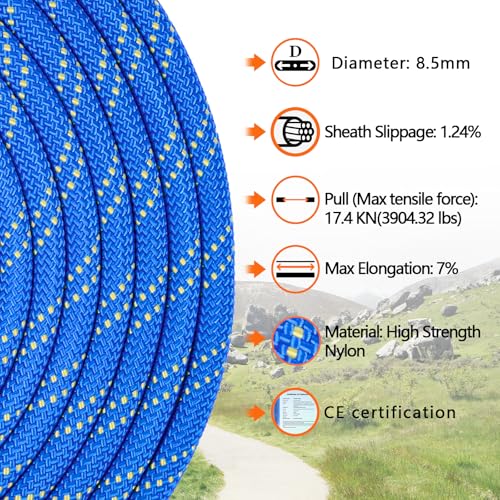 AOLEBA 8.5mm Static Climbing Rope, Outdoor Rock Climbing Ropes, Heavy Duty Rappelling Rope for Fire Rescue, Escape, 10M(32Ft) 20M(64Ft) 30M(96Ft) Ice Climbing Equipment & Parachute Accessories - color: Blue, size: 16FT