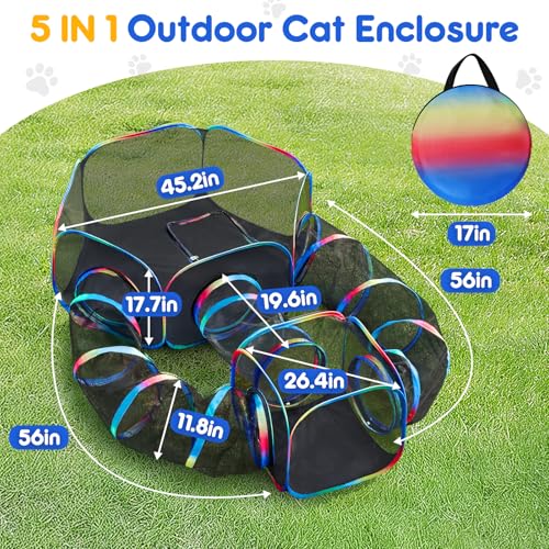 Outdoor Cat Enclosure 5-in-1 Portable Tunnels with Tent Cube Pop up Catio - size: Rainbow Black 5-in-1