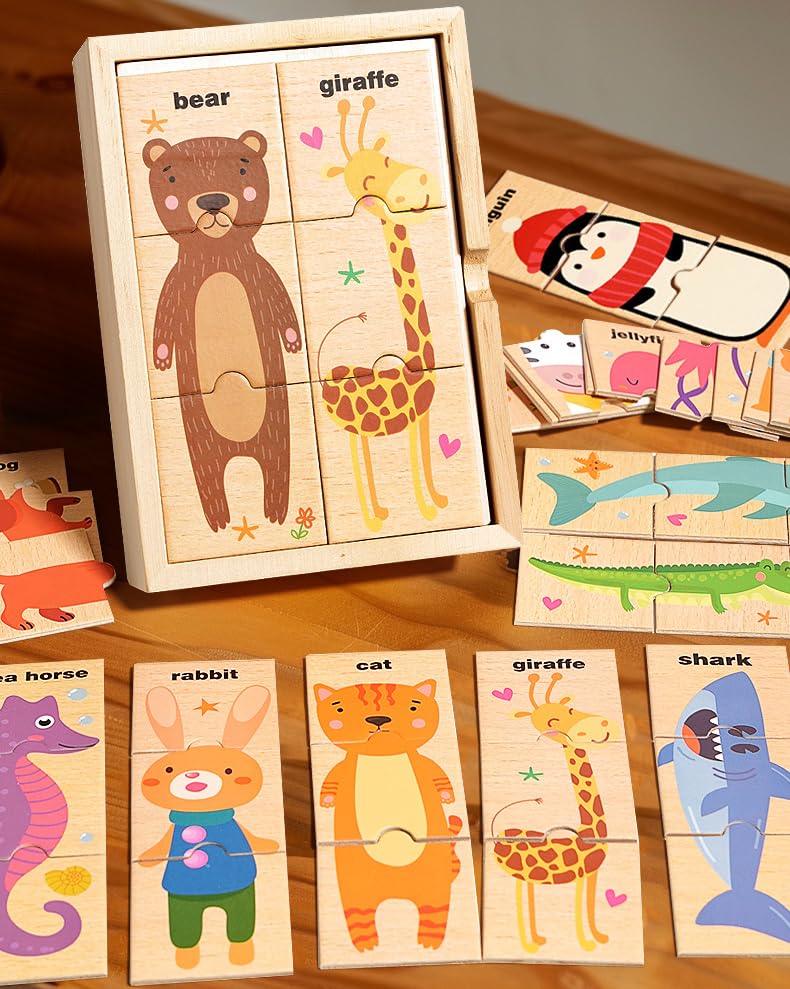 Montessori Wooden Animal Puzzle Toy Ages 3+, 48pc Matching Game with Box