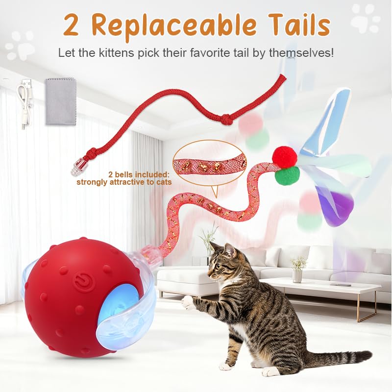 Interactive Cat Ball Toy, Motion Activated Electric Rechargeable Cat Toy - color: red