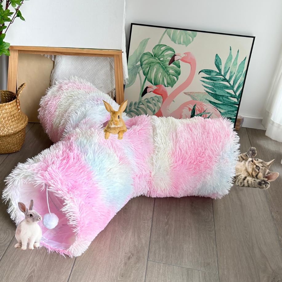 3-Way Collapsible Cat Tunnel Tube Toy Rainbow Plush - color: Rainbow Plush