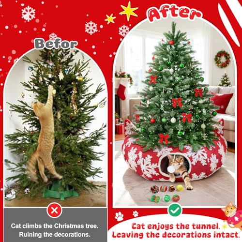 Red Christmas Tree Cat Tunnel Bed, Large Cat Tunnel Tree Skirt with Toys - color: Snowflake
