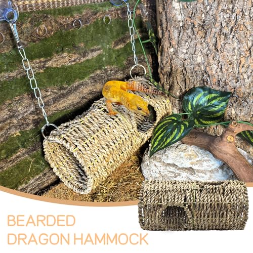 Hanging Reptile Hide Cave,Natural Seagrass Fiber Bearded Dragon Hammock Hideout,Reptile Shelter Sleeping Cave Swing Climbing Toys Terrarium Decor for Lizard Gecko Snake Hermit Crabs(Round) - size: Round:7.87*3.94*3.94"