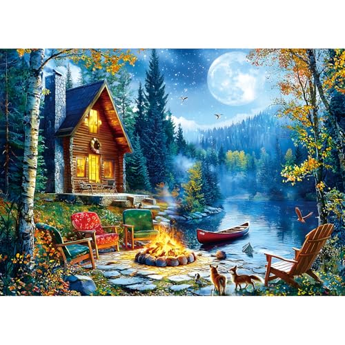 1000 Piece Jigsaw Puzzles for Adults, Lakeside Cabin with Letter - color: Blue - Lakeside Canoe