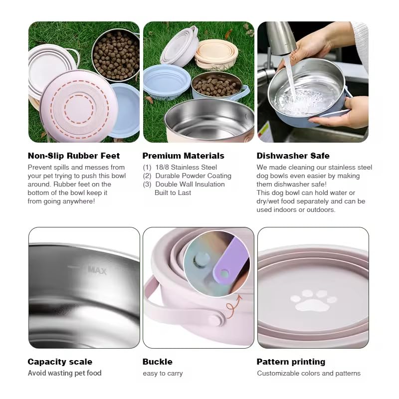 Black Collapsible Travel Dog & Cat Bowl – BPA-Free Silicone & 18/8 Stainless Steel, Portable Non-Slip Food & Water Bowl with Handle, Bottle/Poop Bag Holder – Claim Your - color: Black Bowl