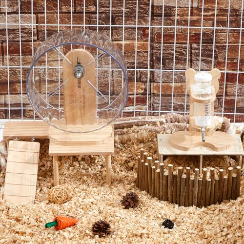 6 Pcs Hamster Toys Set, Maze Wood House, Climbing Ladder Wooden Bridge Tunnel Toy Platform Silent Exercise Running Wheels and Water Bottle Set for Rat Guinea Pig Habitat Cage(Basic) - style: Minimalist