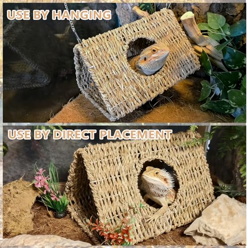 Hanging Reptile Hide Cave,Natural Seagrass Fiber Bearded Dragon Hammock Hideout,Reptile Shelter Sleeping Cave Swing Climbing Toys Terrarium Decor for Lizard Gecko Hermit Crabs(Triangle L) - size: Triangle L:9.84*7.09*5.91"