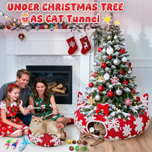 Red Christmas Tree Cat Tunnel Bed, Large Cat Tunnel Tree Skirt with Toys - color: Snowflake