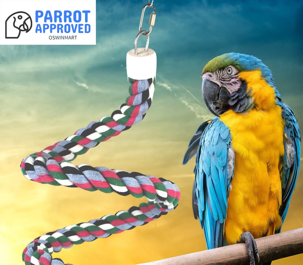94.4inch Length Colorful Cotton Bendable Rope Perch Swing Bird Chew Toys Amazon Parrots Cage Toys with Bell Swing Climbing Standing Bungee Bird Toys for Regular to Big Size Birds - size: 94.4'x1pc