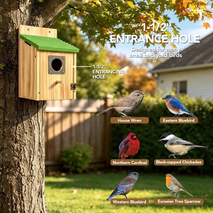 2 Pack Bird Houses for Outside- Cedar Bird House with Metal Predator Guard - color: Green - 2 Pack