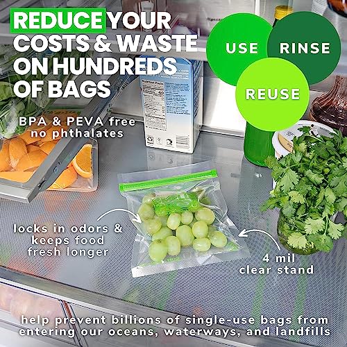 Smelly Proof 15 x Expandable Stand & Fill REUSABLE Storage Bags for Food Designed & Mfg in US, BPA FREE, NO PEVA, Reusable Sandwich Bags, Dishwasher-Safe, Clear 3 mils STAND UP 6.5" x 7.5" - 15pk - size: 15pk, Med 6.5x7.5" - Sandwich