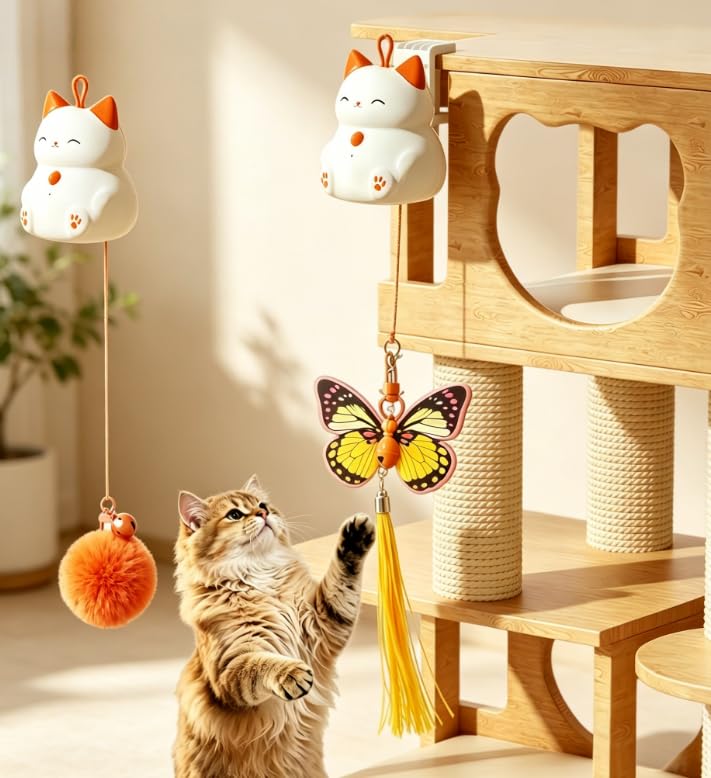 Interactive Hanging Cat Toy for Indoor Cats, Smart Cat Teaser with Flying Butterfly and Bell Ball- Relieve Cat Anxiety, Obesity Hook/Suction/Clip Install- Type-C Charger