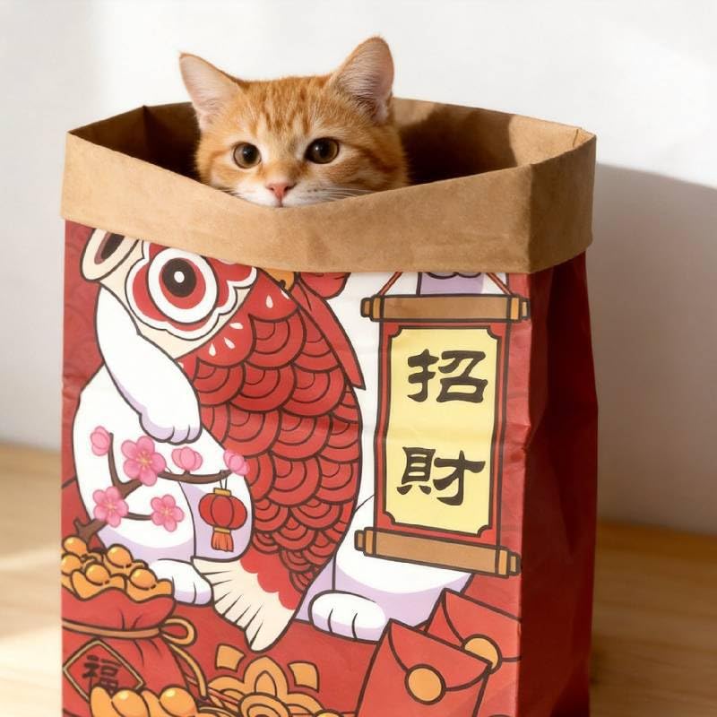 Cat Kraft Paper Tunnel Bag Toy Hide & Seek,Lucky Cat Bag - color: Lucky Cat bag