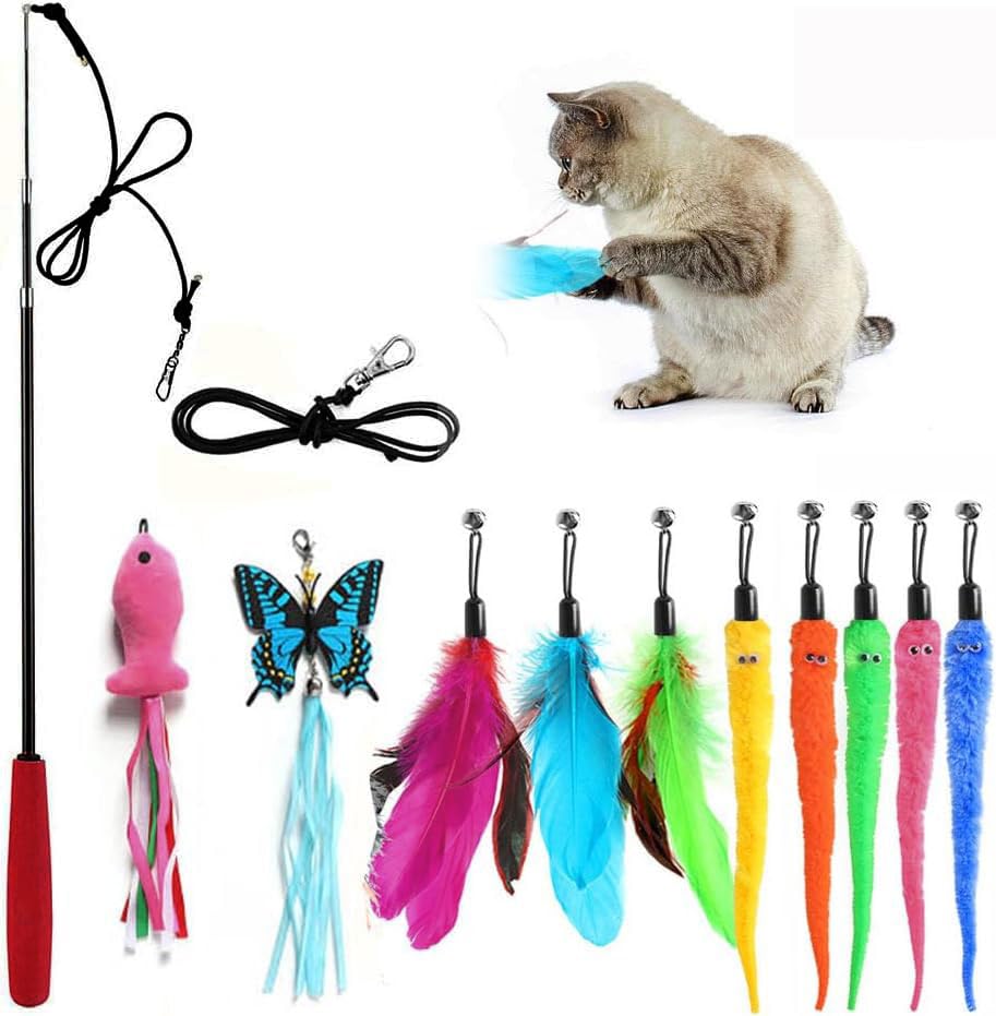 Retractable Cat Toy Wand 12 Packs Interactive Cat Feather Toys - size: 12 PCS