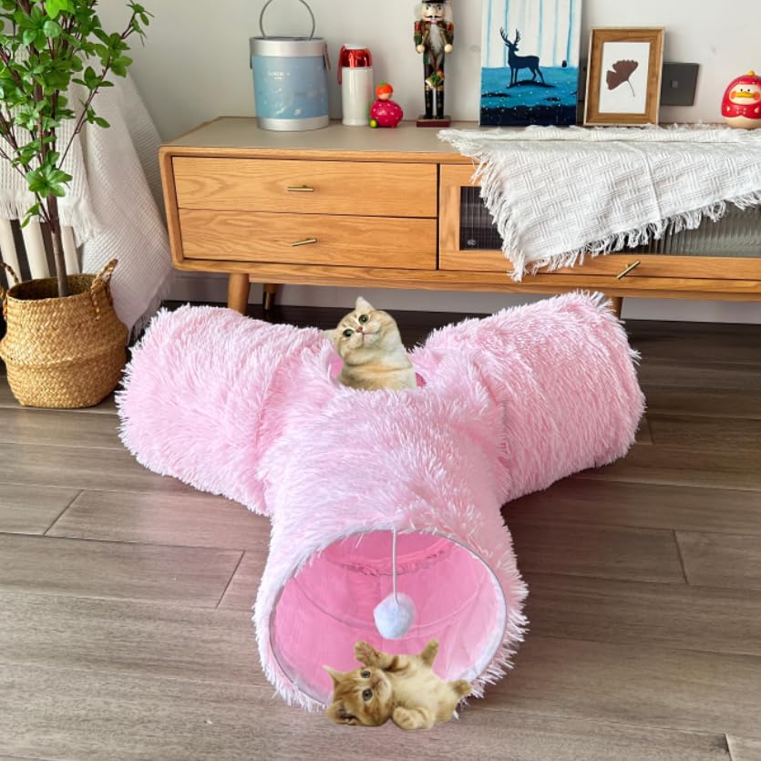 3-Way Collapsible Cat Tunnel Tube Toy Pink Plush - color: Pink Plush
