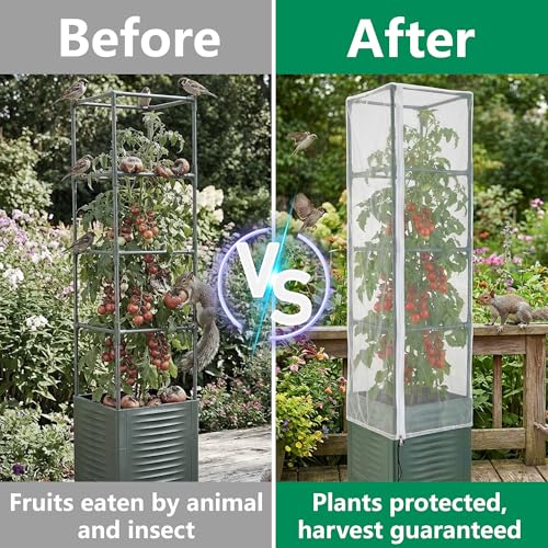 4 Pcs Garden Bird Netting Plant Cover for Square Tomato Cage, 59" x 17.7" Insect Bird Barrier Tomato Cage Net with Zipper & Drawstring, Tomato Trellis Netting Protection Cover for Protecting Plants - color: 4 Pcs, size: 59 x 17.7 inch