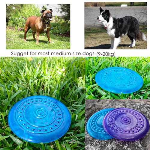 Dog Flying Discs Soft Teeth Cleanning Chew Toys,Rubber Material, Durable, Indestructible,2 Pack,18.5cm,90g,Blue and Purple Colors for Puppies Small Medium Dog Outdoor Training.