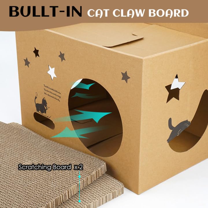 Cat Cardboard House with 2 PCS Scratching Pads，Large Cat Scratcher Bed Cat Scratchers Lounge for Indoor Cats with Corrugated Board Detachable Cat Scratcher Box for Cats(Star) - size: Wood-Star