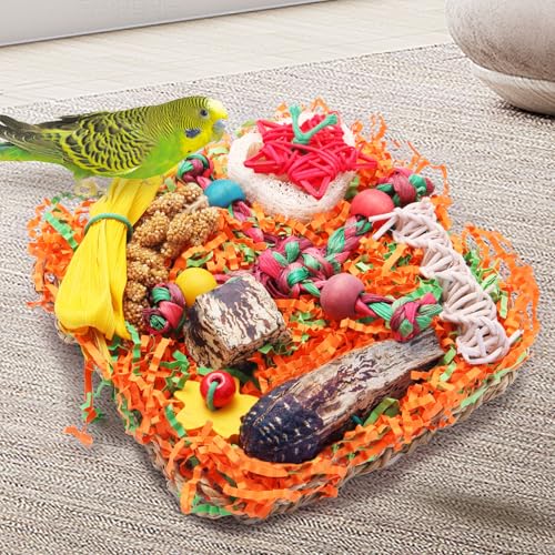 Bird Toys for Small & Medium Parrots - Natural Foraging & Shredding Cage Hanging Toys with Seagrass Mat, Starfruit, Loofah Slices for Budgies, Cockatiels, Lovebirds, Conures (2 PCS) - size: 2 PCS