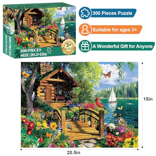 300 Piece Puzzles for Adults,Lake Cabin Jigsaw Puzzle for Adults Kids Elderly,Large Piece Countryside Puzzle for Kids Age 8-10 10-12,Challenging Landscape Puzzle,Family Game Great Gift 20.5x15in - color: Lake Cabin