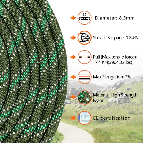 AOLEBA 8.5mm Static Climbing Rope, Outdoor Rock Climbing Ropes, Heavy Duty Rappelling Rope for Fire Rescue, Escape, 10M(32Ft) 20M(64Ft) 30M(96Ft) Ice Climbing Equipment & Parachute Accessories - color: Green, size: 96FT