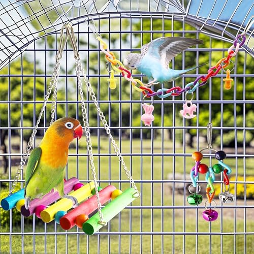 Bird Parakeet Cockatiel Toys, ESRISE Birds Cage Accessories Swing Climbing Ladders Wooden Perch Toy for Conures Finche Budgies Lovebird Parrot