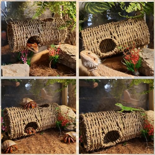 Hanging Reptile Hide Cave,Natural Seagrass Fiber Bearded Dragon Hammock Hideout,Reptile Shelter Sleeping Cave Swing Climbing Toys Terrarium Decor for Lizard Gecko Snake Hermit Crabs(Round) - size: Round:7.87*3.94*3.94"