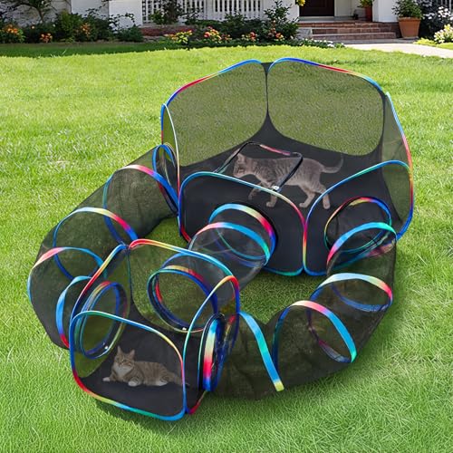 Outdoor Cat Enclosure 5-in-1 Portable Tunnels with Tent Cube Pop up Catio - size: Rainbow Black 5-in-1