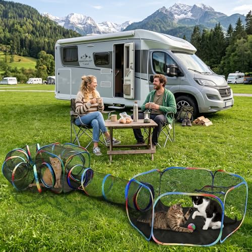 Outdoor Cat Enclosure 4-in-1 Portable Tunnels with Tent Cube Pop up Catio - size: Rainbow Black 4-in-1