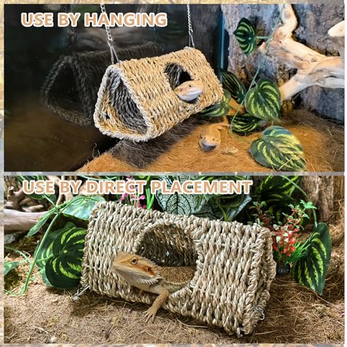 Hanging Reptile Hide Cave,Natural Seagrass Fiber Bearded Dragon Hammock Hideout,Reptile Shelter Sleeping Cave Swing Climbing Toys Terrarium Decor for Lizard Gecko Hermit Crabs(Triangle S) - size: Triangle S:7.87*3.94*3.94"