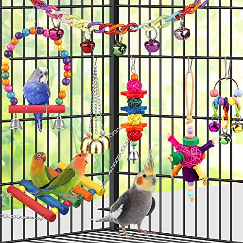 Bird Toys for Conures with Colorful Ladder Hammock Bird Cage Accerious Bird Perch Stand Chewing Toys Hanging Bell for Parrot Parakeet Cockatiel Lovebirds
