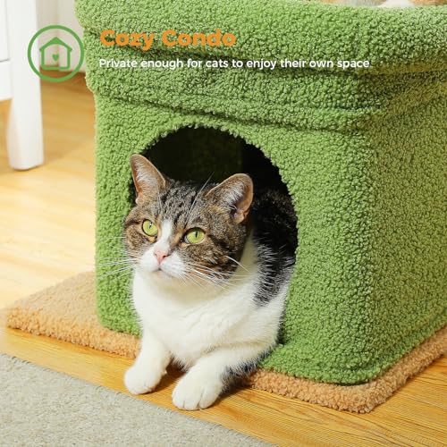 PEQULTI Small Cat Tree Tower for Indoor Cats, Sisal Post & Cozy Condo Green - color: Green, size: M(15.7"L x 15.7"W x 26.7"H)