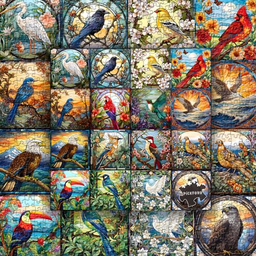 Stained Glass Puzzles for Adults 1000 Pieces, Bird Puzzles for Adults Flower with Cardinal Bird Parrot Hummingbird, Impossible Hard Challenging Jigsaw Puzzles - style: Stained Glass Bird Collection