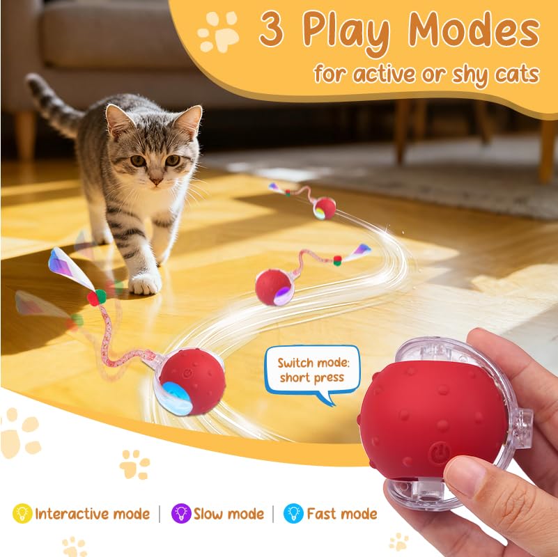 Interactive Cat Ball Toy, Motion Activated Electric Rechargeable Cat Toy - color: red