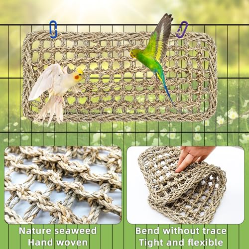 Bird Seagrass Mat 16 × 7" Parrot Natural Grass Woven Net Hammock Parakeet Climbing Rope Ladder Mat Chew Toys Cage Accessories for Pigeon Cockatiel Conure Budgie Cockatoo Rat Hamster - size: 1Pc 16" × 7"