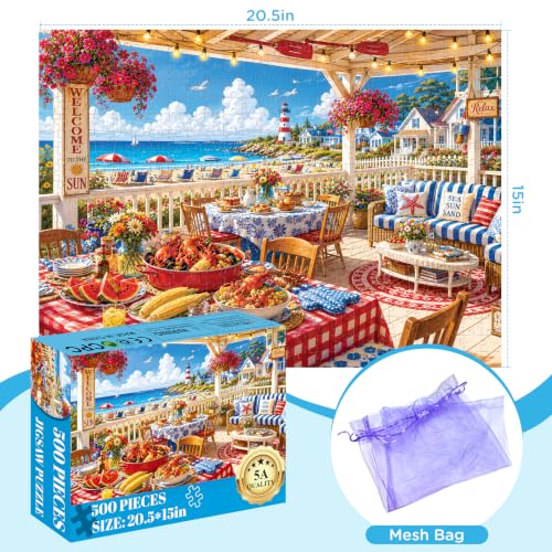 500 Piece Puzzles for Adults, Coastal Pergola Seafood Dinner Jigsaw Puzzle - color: Seaside Restaurant