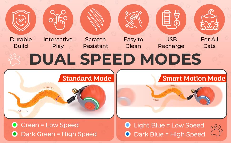 Interactive Cat Toy Ball - Motion-Activated, USB Rechargeable Cat Toys for Indoor Cats with Anti-Scratch Cover & 2 Changeable Tails - Enrichment Toy for Active Cats & Kittens - color: 01 Orange