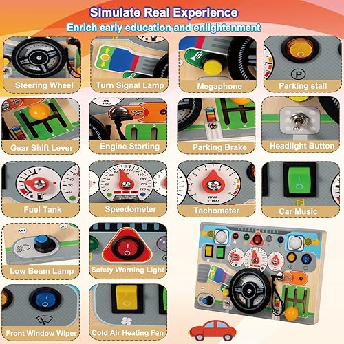 Wooden Montessori Busy Board for Toddlers 4-8 - Wooden Dashboard Steering Wheel Toy， Fine Motor Skill Development Toy for Kids 3-6， Educational Pretend Driving Busy Board for Boys & Girls