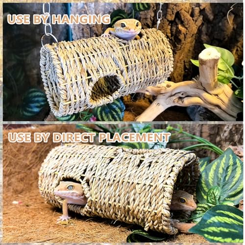 Hanging Reptile Hide Cave,Natural Seagrass Fiber Bearded Dragon Hammock Hideout,Reptile Shelter Sleeping Cave Swing Climbing Toys Terrarium Decor for Lizard Gecko Snake Hermit Crabs(Round) - size: Round:7.87*3.94*3.94"