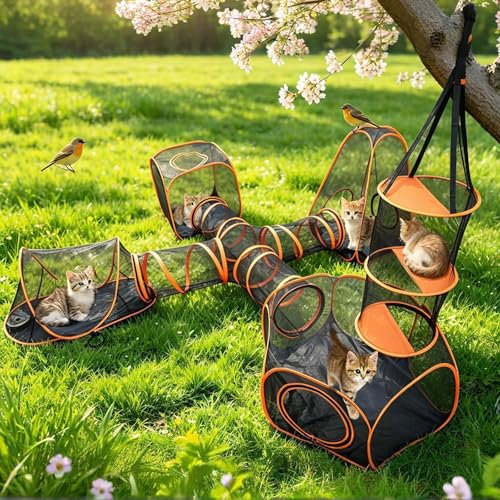 6-in-1 Modular Cat Playground with Hanging Climbing Tunnel,Large Cat House Condo & Enclosure for Multiple Cats,Portable Cat Activity Center with Cube Tents & Y-Tunnel for Cats,Rabbits & Small Animals