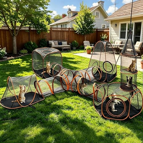6-in-1 Modular Cat Playground with Hanging Climbing Tunnel,Large Cat House Condo & Enclosure for Multiple Cats,Portable Cat Activity Center with Cube Tents & Y-Tunnel for Cats,Rabbits & Small Animals